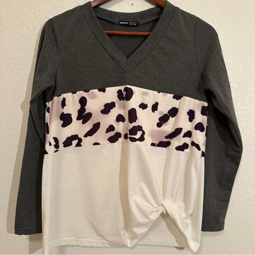 SHEIN Color Block Leopard Animal‎ Print Long-Sleeve Side-tie Top Small EUC